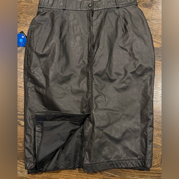 Vintage 80s CHAUS Black Leather High Waist Pencil Midi Skirt NWT Pleats L/XL - Picture 5 of 13